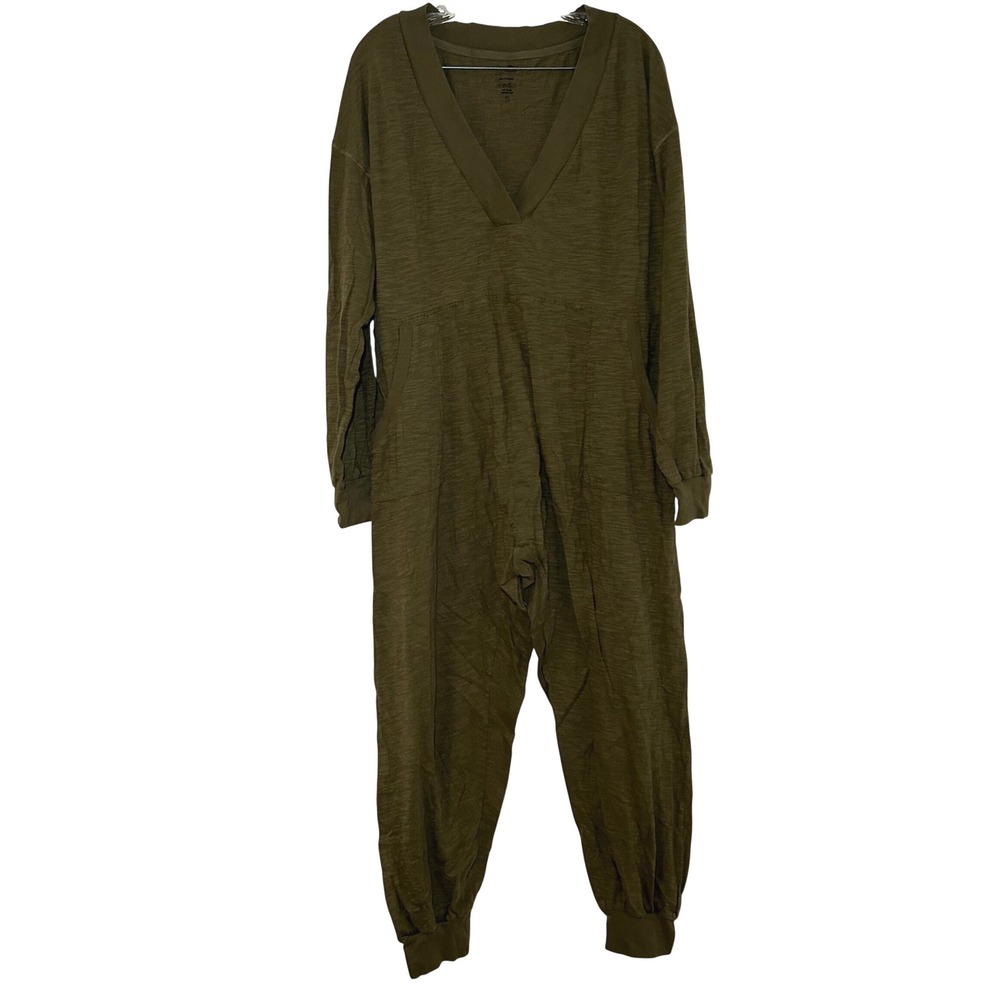 Natural Life Womens Olive Green Slub Knit V-Neck Long Sleeve Jumpsuit Small